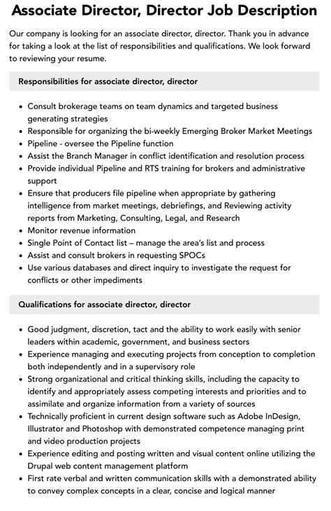 Responsibilities of an Associate Director
