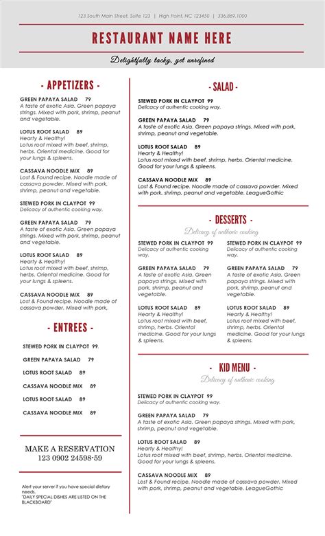 Restaurant Menu Printable