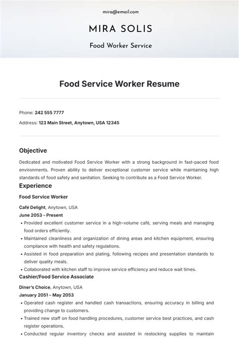 Resume Template Food Service