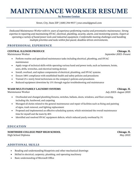 Resume Template For Maintenance Worker