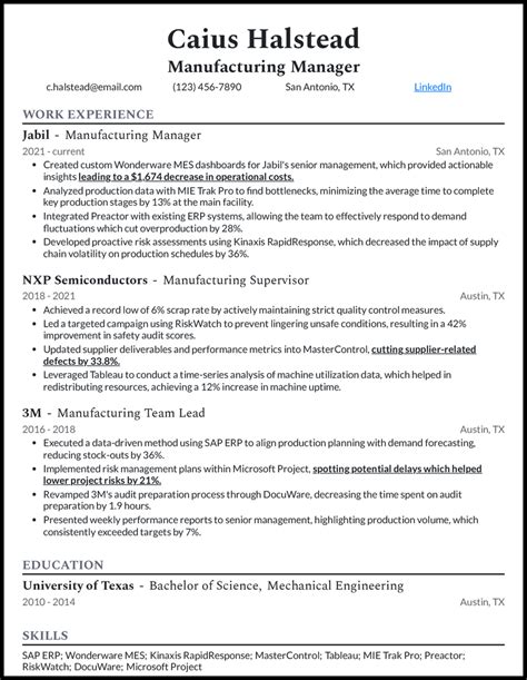 Resume Template For Manufacturing Job