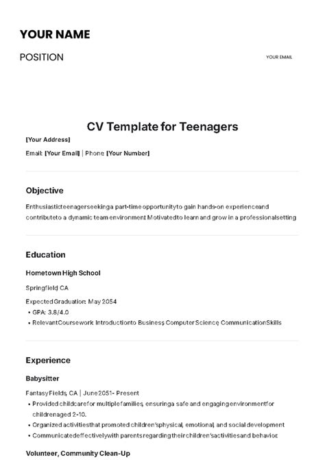 Resume Templates Teenager