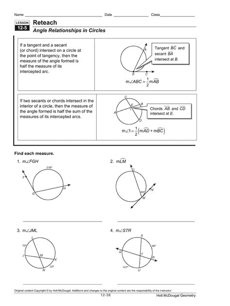 Reteach Lines That Intersect Circles Continued Answers Doc