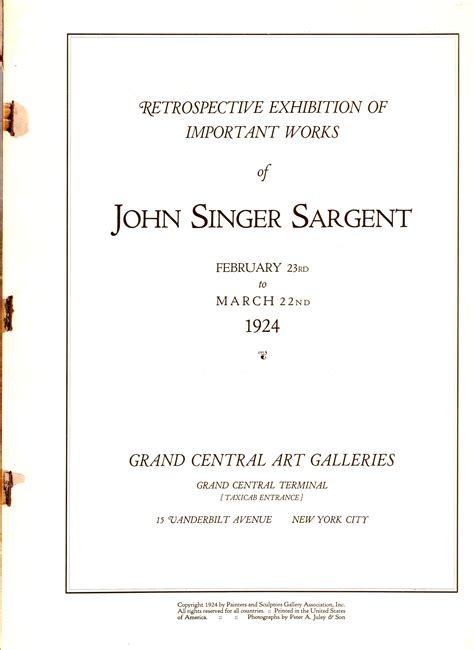 Retrospective Exhibition of Important Works of John Singer Sargent February 23rd to March 22nd 1924