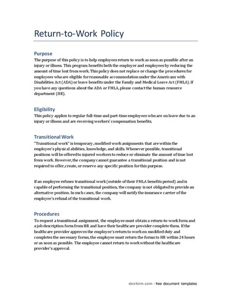 Return To Work Policy Template