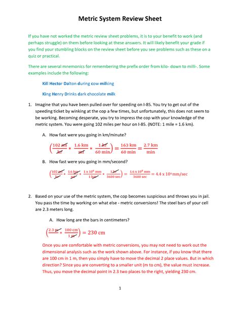 Review And Reinforcement Answers Metric System Doc