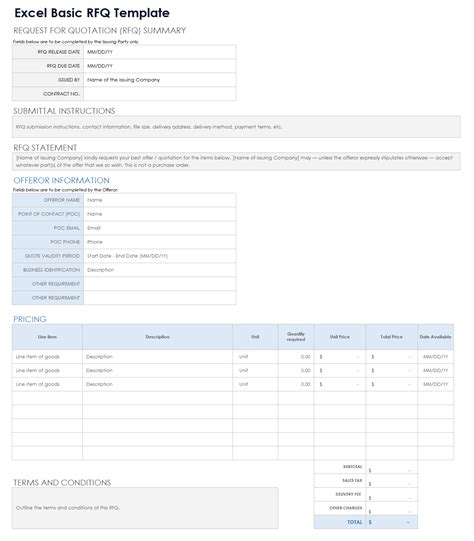 Rfq Excel Template