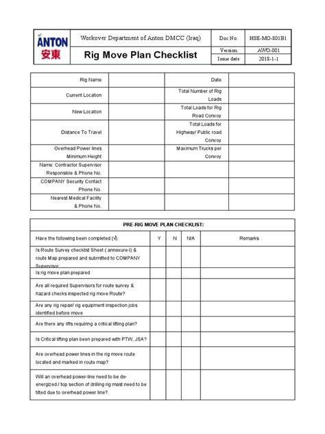 Rig Move Plan Checklist Ebook Reader