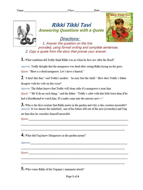 Rikki Tikki Tavi Comprehension Questions And Answers Kindle Editon