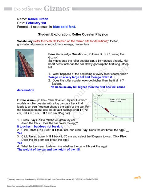 Roller Coaster Physics Answer Doc