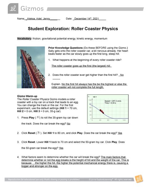 Roller Coaster Physics Exploration Sheet Answers Epub