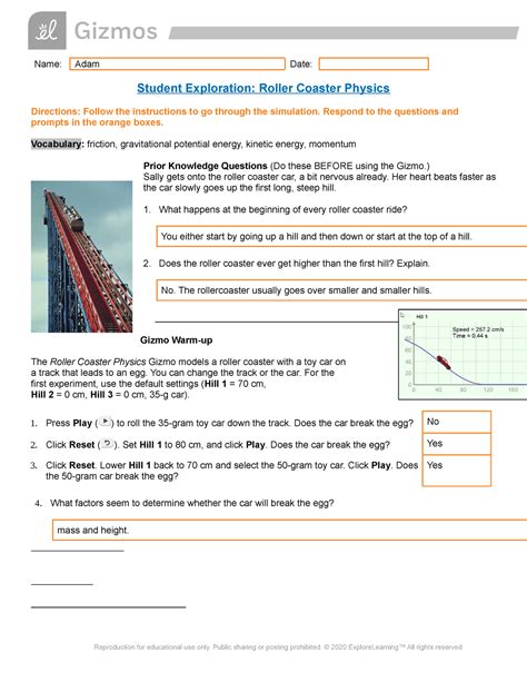 Roller Coaster Physics Gizmo Answer Key Doc