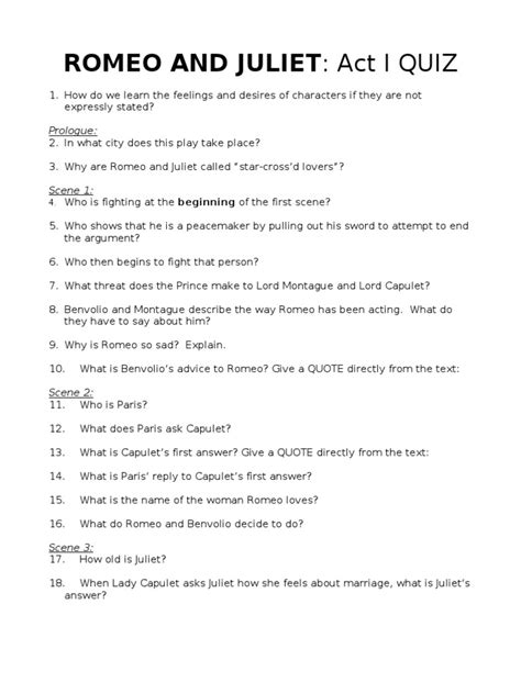 Romeo And Juliet Act 1 Questions Answers Reader