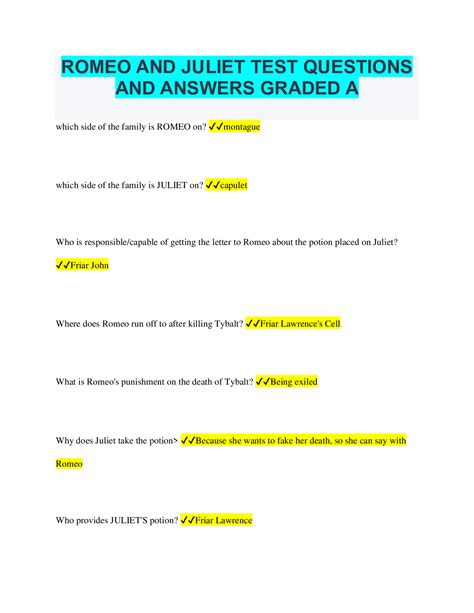 Romeo And Juliet Test Questions Answers Reader