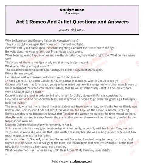 Romeo Juliet Discussion Questions Answers Doc