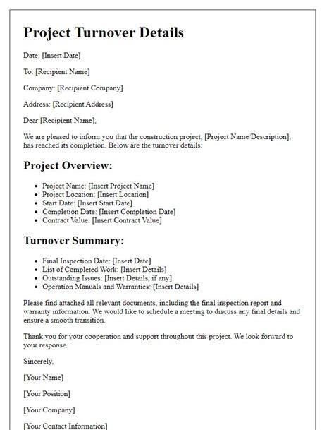 SAMPLE LETTER TURNOVER CONSTRUCTION PROJECT Ebook Doc