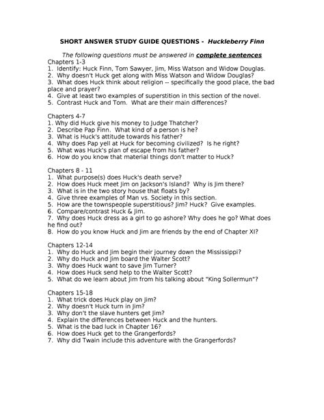 SHORT ANSWER STUDY GUIDE QUESTIONS HUCKLEBERRY FINN ANSWER KEY Ebook Reader