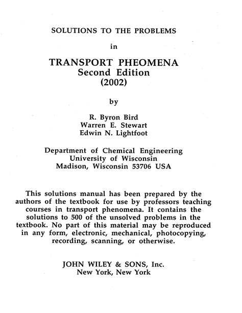 SOLUTION MANUAL FOR TRANSPORT PHENOMENA GEANKOPLIS Ebook Epub