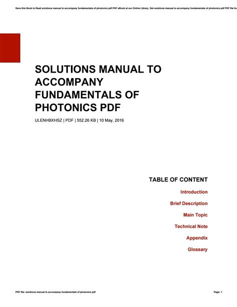 SOLUTIONS MANUAL TO ACCOMPANY FUNDAMENTALS OF PHOTONICS Ebook Doc