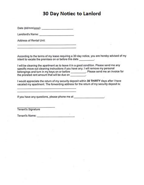 Sample 30 Day Notice To Landlord Template