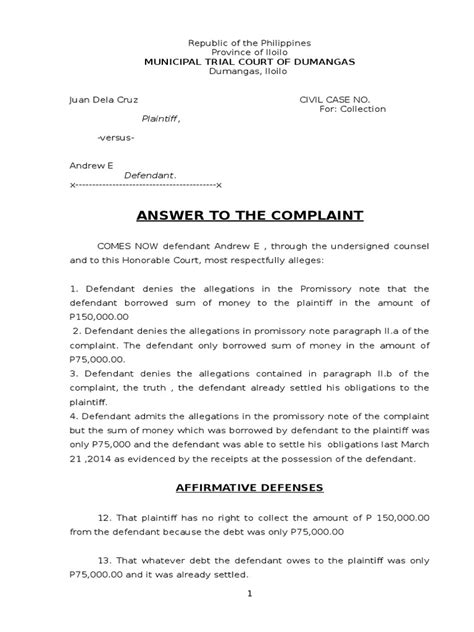 Sample Complaint And Answer Doc