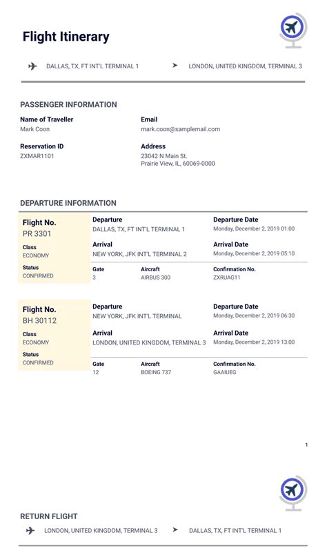 Sample Flight Itinerary Template