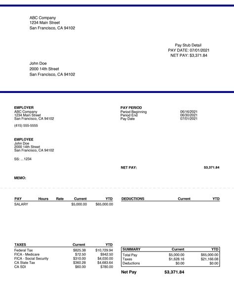 Sample Payroll Check Stub Template