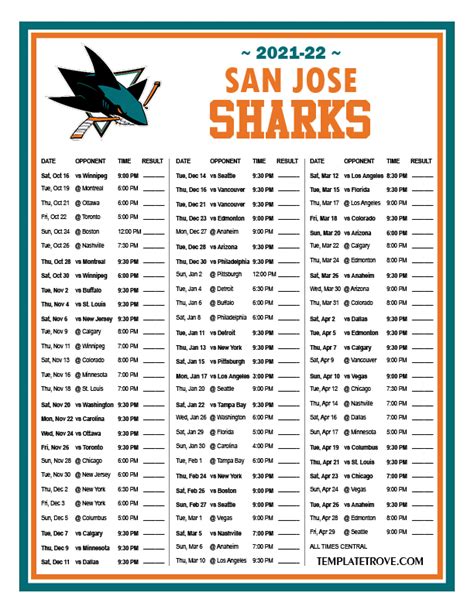 San Jose Sharks Printable Schedule