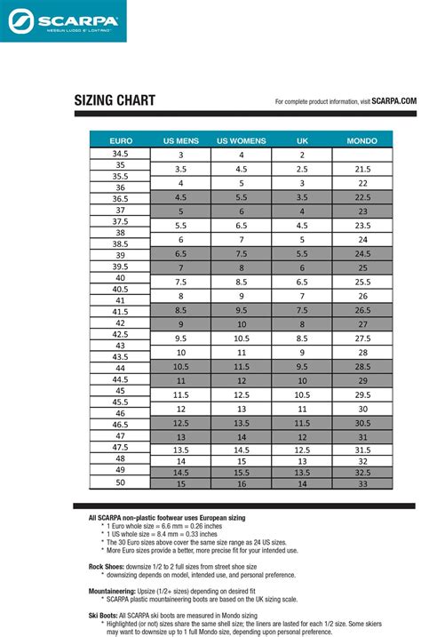 Scarpa Boot Size Chart