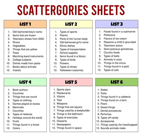 Scattergories Game Printable