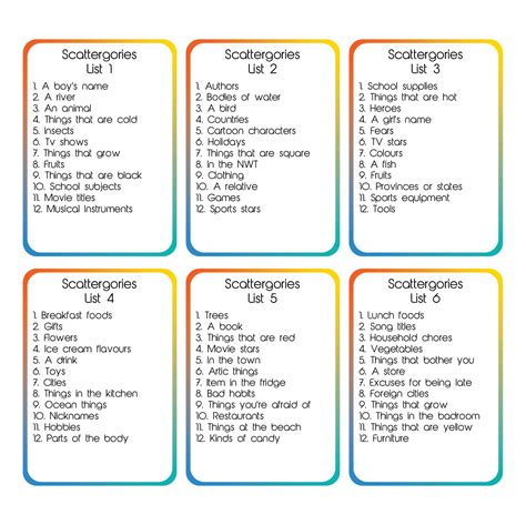 Scattergories Lists Printable Ebook Doc