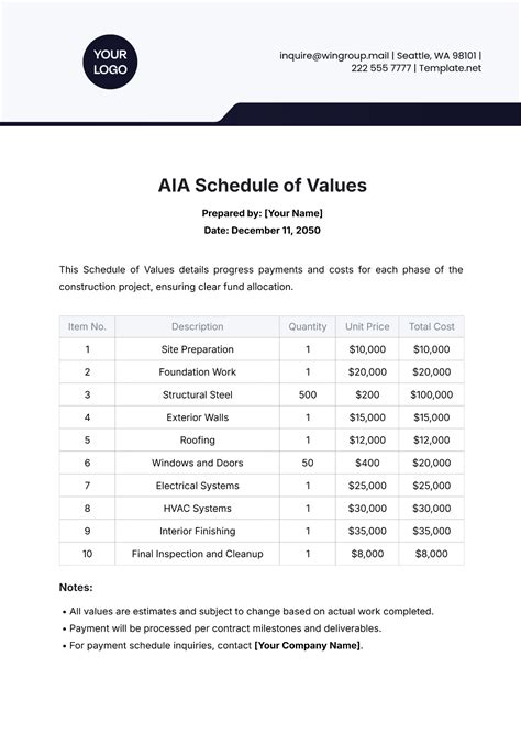 Schedule Of Values Template Aia