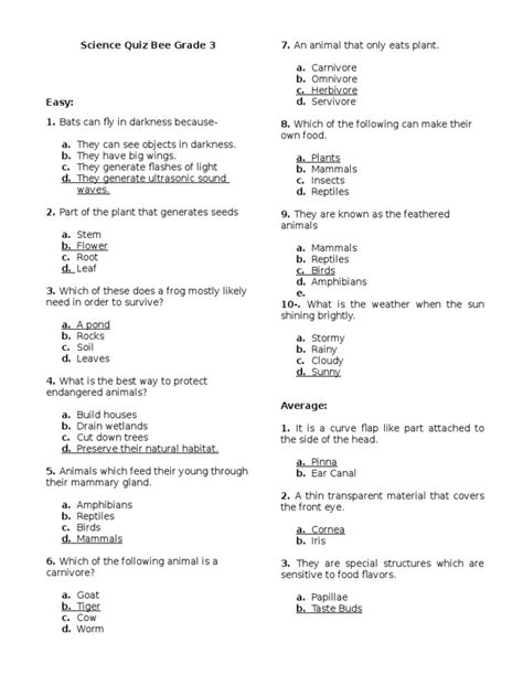 Science Quiz For Grade 3 With Answers Doc