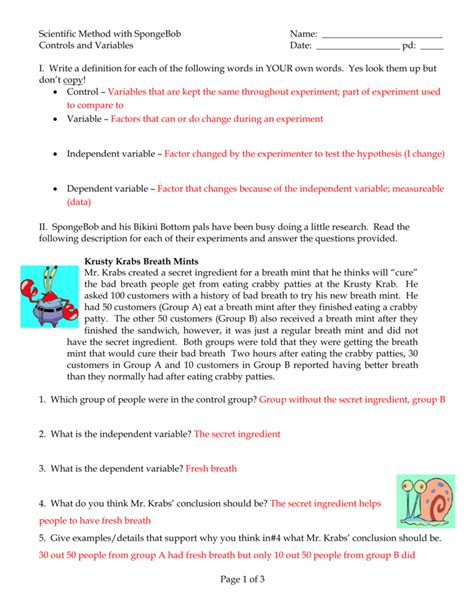 Scientific Method Controls Variables Spongebob Answers Epub