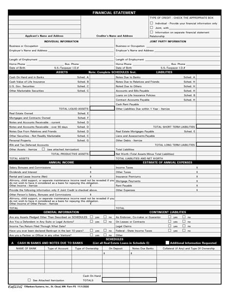 Score Personal Financial Statement Template