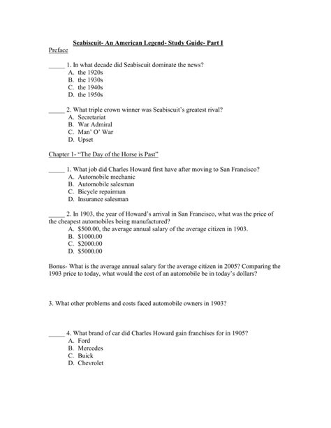 Seabiscuit Study Guide Answer Key Reader