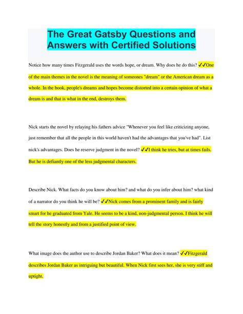 Secondary Solutions The Great Gatsby Answers Reader