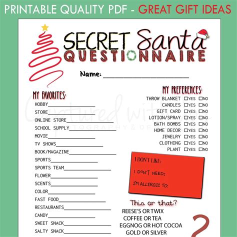 Secret Santa Questionnaire For Coworkers Free Printable