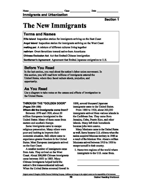 Section 1 Guided New Immigrants Answers Reader