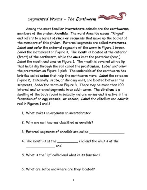 Segmented Worms The Earthworm Answer Key Doc