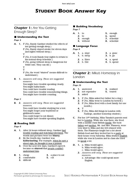 Select Readings Per Intermediate Answer Key Reader