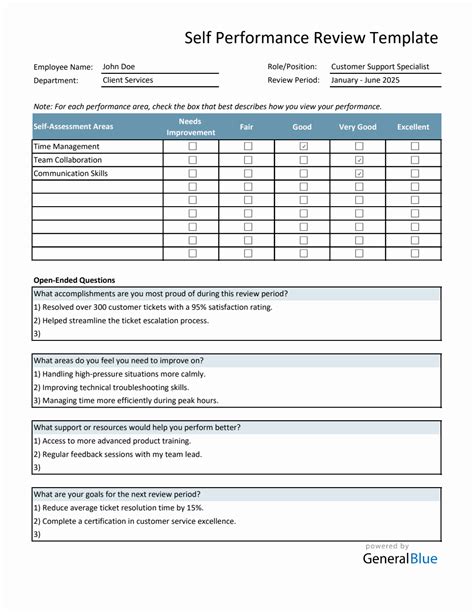 Self Evaluation Template For Performance Review