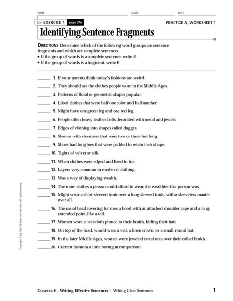 Sentence Fragment Worksheets With Answer Key Reader