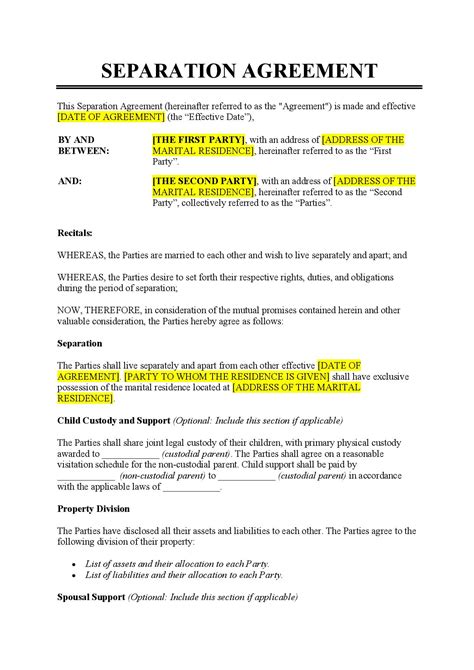 Separation Contract Template