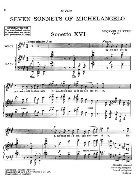 Seven Sonnets of Michelangelo set to music for Tenor Voice and Piano Translations by E Mayer and P Pears Op 22 Reader