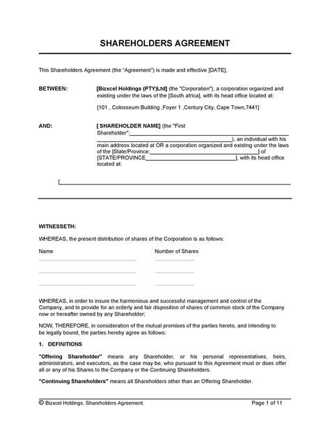 Shareholder Agreement Template