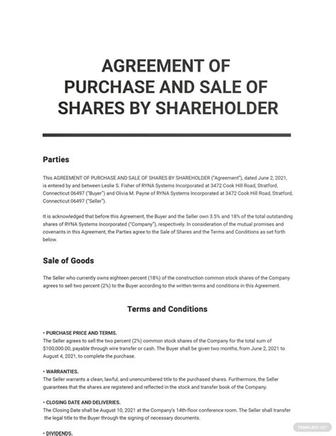Shareholder Purchase Agreement Template
