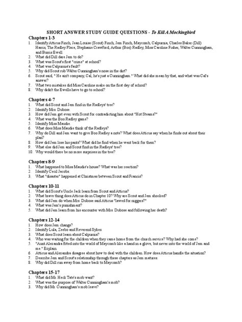 Short Answer Questions For To Kill A Mockingbird Reader