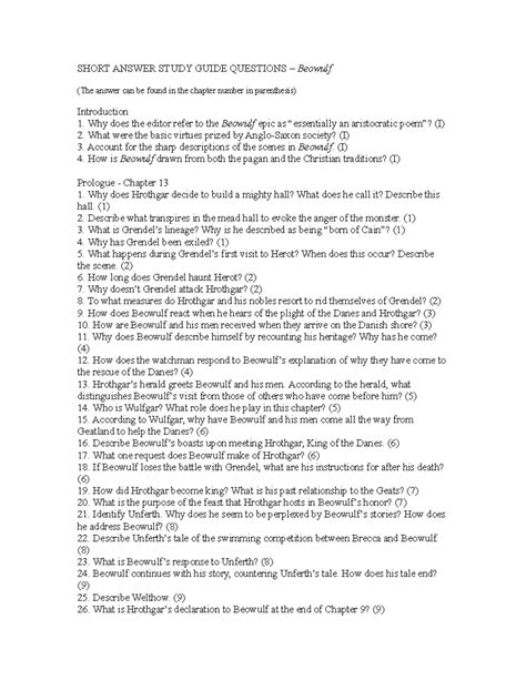 Short Answer Study Guide Questions Beowulf Answers Doc