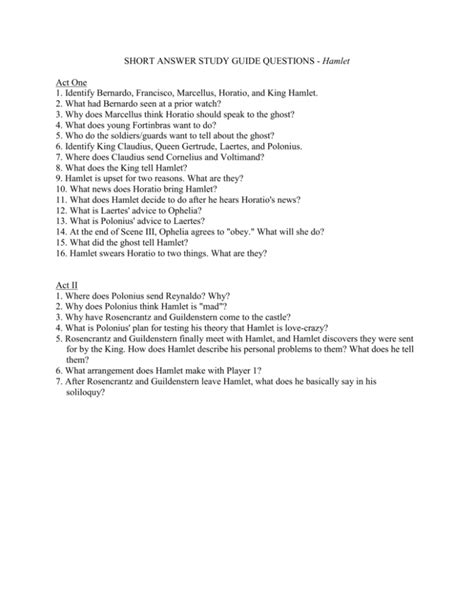 Short Answer Study Guide Questions Hamlet Answers Reader